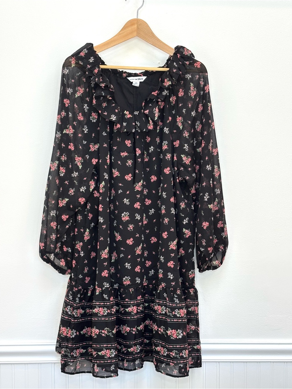 Old Navy X Anna Sui Chiffon Tiered Ruffle Mini Dress Size XXL Dark Floral Boho - Picture 4 of 14